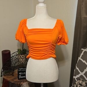 Orange Puff Sleeve Ruched Blouse